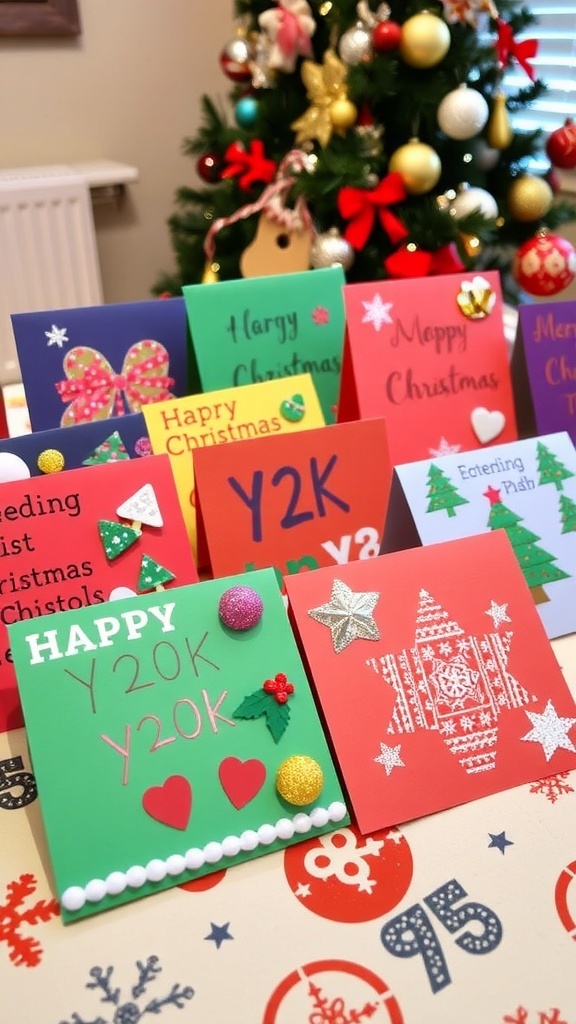 Handmade Y2K Christmas cards with colorful designs and stickers on a festive table.